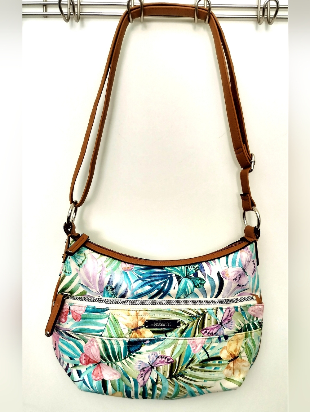 Rosetti Multicolor Tropical Print Crossbody with Brown Strap
